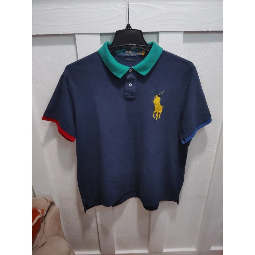 Ralph Lauren Polo Rugby Shirt Mens XL Tall Navy Custom Fit Crest Gold Big Pony